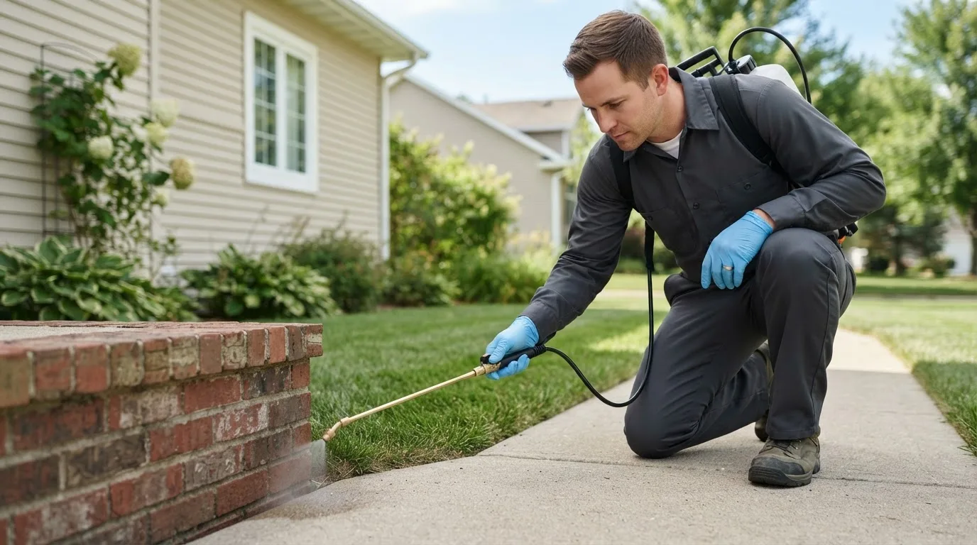 Pest control technician treating a home near Agua Dulce, TX