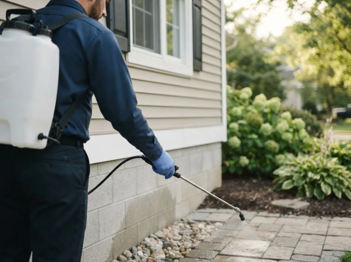 Pest control technician inspecting a home in Agua Dulce, TX